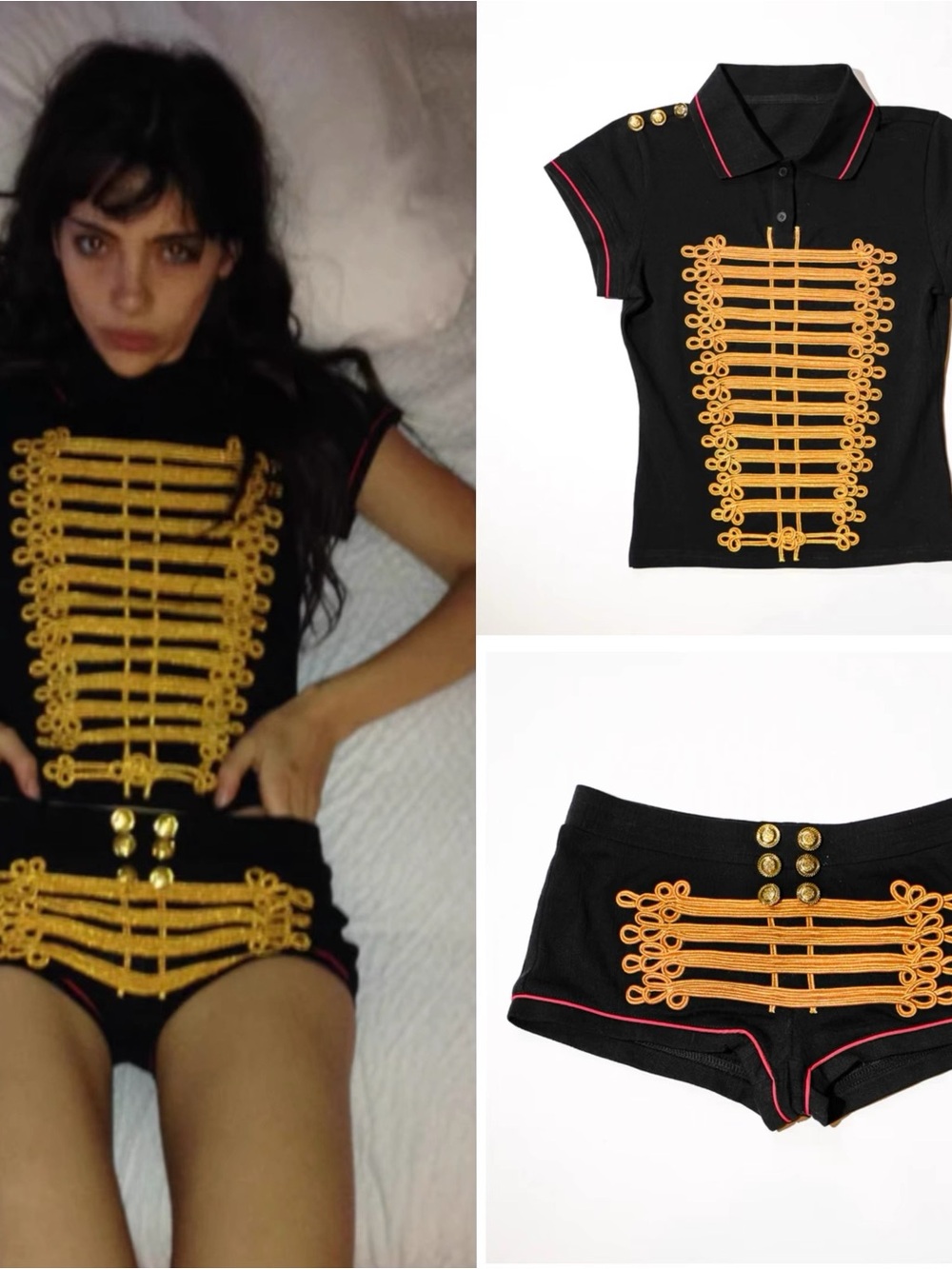 Praying Black Military-Inspired Polo Top & Shorts Set with Gold Braid
